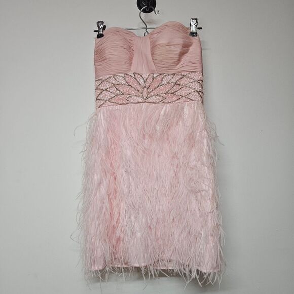 Elegant Pink Strapless Feather Dress By Interlude USA Size 2 - Picture 1 of 8